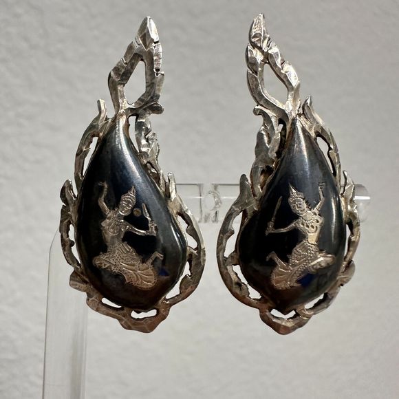 Vintage Siam Dancer Sterling Silver Black Niello Enamel Earrings Clip-on 50's - Picture 7 of 16